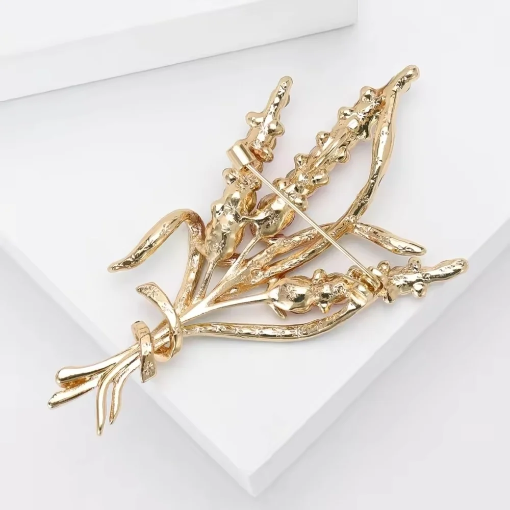 Gold-Tone Pink Crystal Floral Spray Brooch